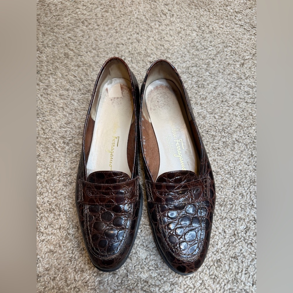 Salvatore Ferragamo Women’s Brown Croc-Embossed Leather Loafers